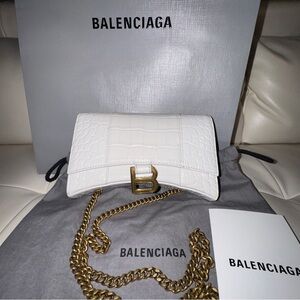 Balenciaga White Croc-Embossed Clutch with Gold Chain